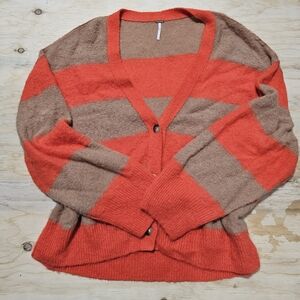Free People Striped Eclair Cardigan  Fall Soft Boho Sweater Sz XL Orange Tan
